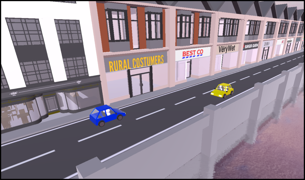 Two cars drive down a street outside some shops in a video game
